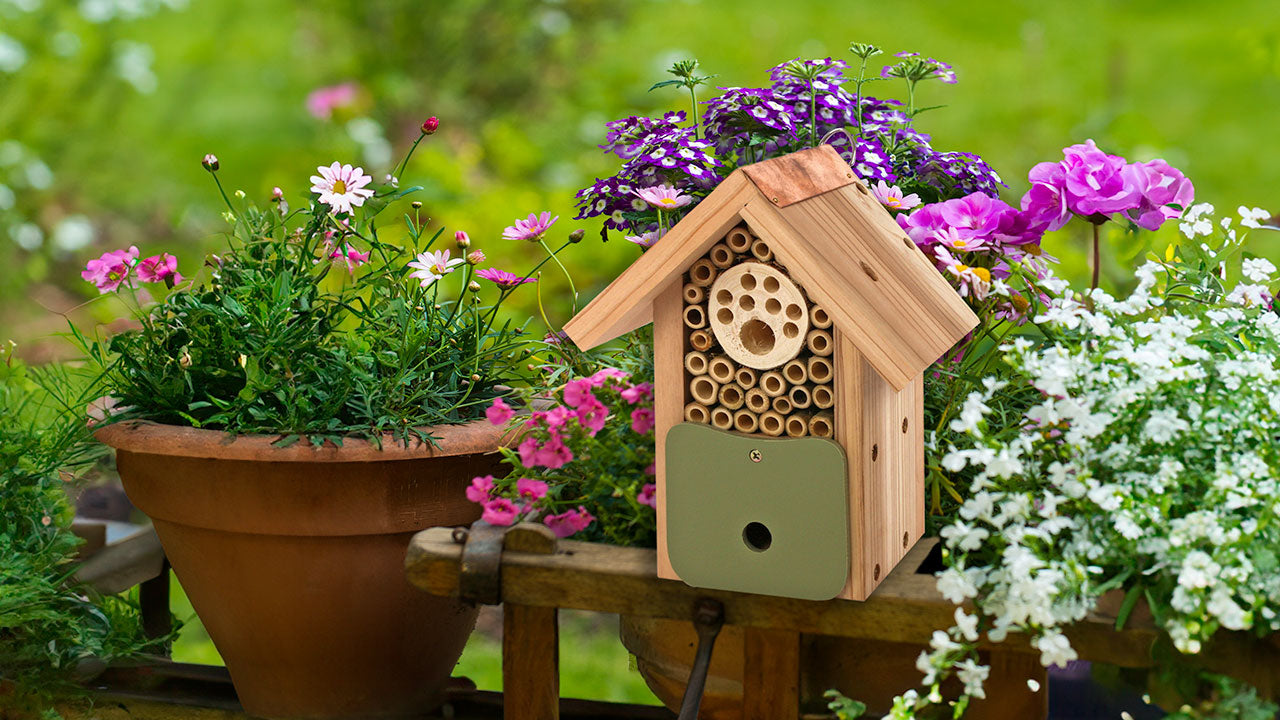 A wooden bee house in a bed of flowers