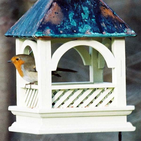 Bempton Hanging Bird Table; Blue tits feeding from the Bempton Hanging Bird Table; Siting a Bempton Hanging Bird Table; Robin feeding from a Bempton Hanging Bird Table