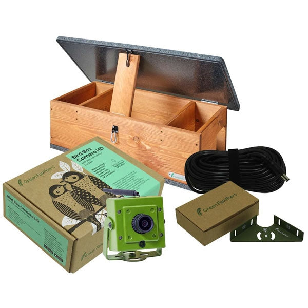 WiFi Hedgehog Feeder camera pack contents;WiFi bird box & wildlife camera boxed;Camera shown installed on bracket