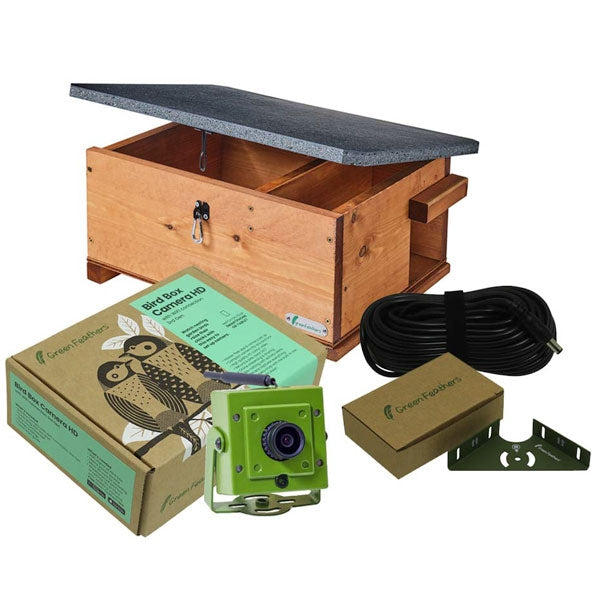 WiFi Hedgehpg Box Camera Pack Contents;Hedgehog House with Hinged Roof;Inside of Hedgehog Box showing camera placement
