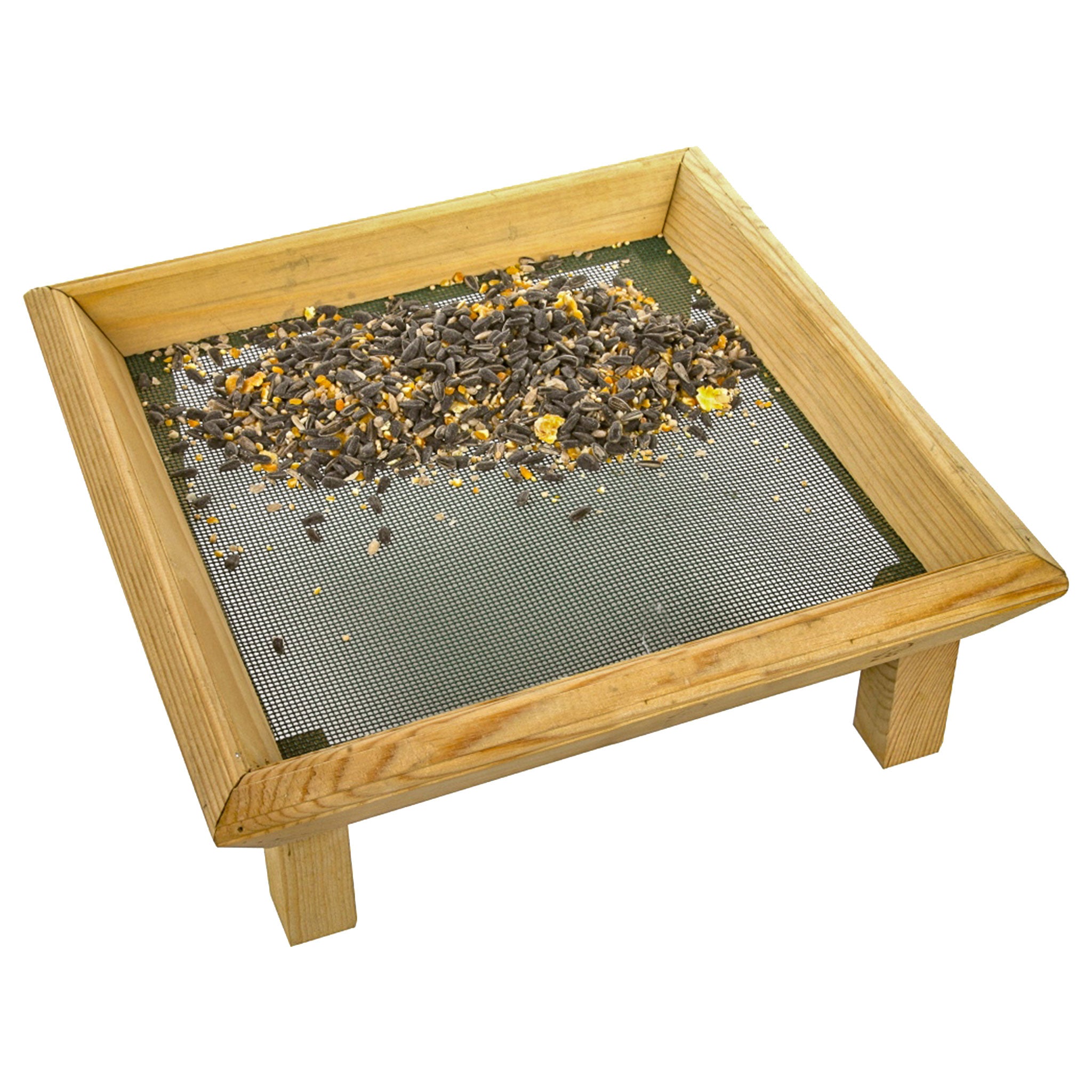 ground feeder for birds with seed on