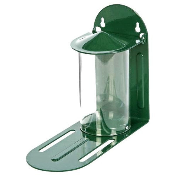 Metal Squirrel Feeder with Flip Top; Grey squirrel eating peanuts from Metal Squirrel Feeder