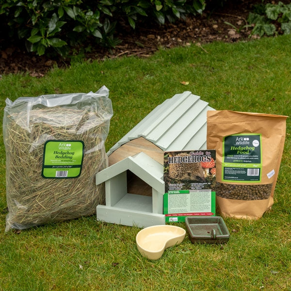 Hedgehog House, Bedding Food and Guide; Dutch Barn Hedgehog House in garden; Starter Pack for any hedgehog house; Hedgehog eating