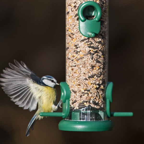 Ring Pull Bird Feeders; Ring Pull Seed Feeder being enjoyed in the garden; Easy clean and assembly mechanism