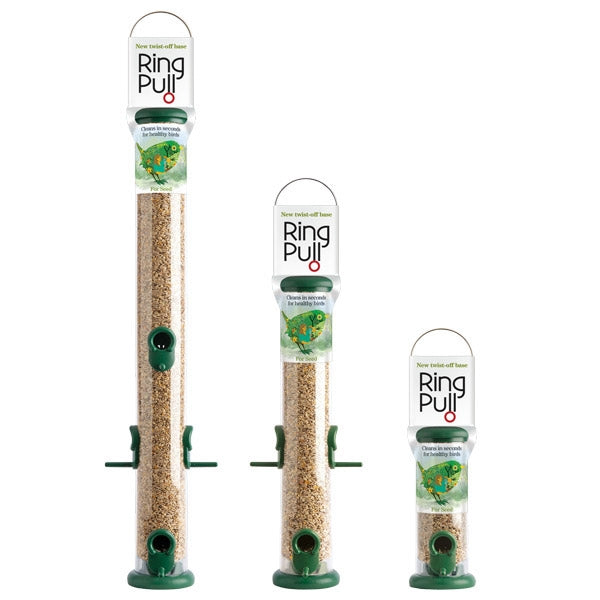 Ring Pull Bird Feeders; Ring Pull Seed Feeder being enjoyed in the garden; Easy clean and assembly mechanism