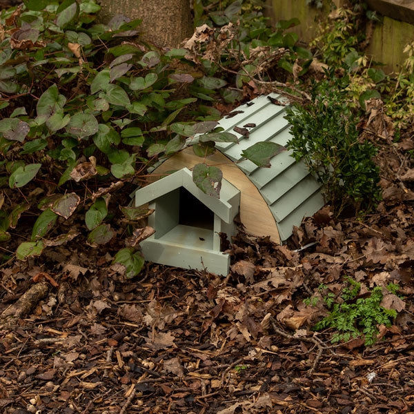 Hedgehog House, Bedding Food and Guide; Dutch Barn Hedgehog House in garden; Starter Pack for any hedgehog house; Hedgehog eating