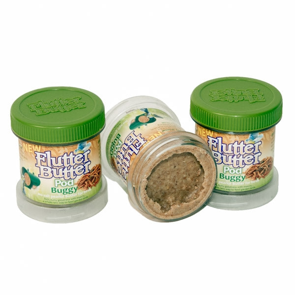 Flutter Butter Buggy; Peanut Butter salt free is ideal for birds; Tits enjoying Flutter Butter Buggy; Flutter Butter Pods in Feeder