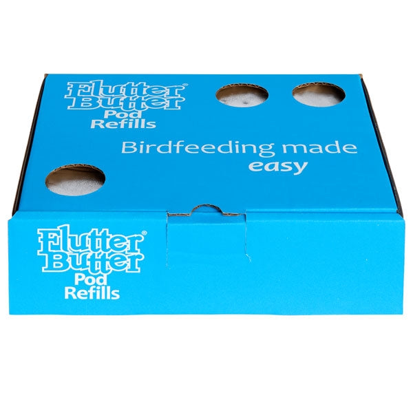 Flutter Butter Refills Buggy; Flutter Butter Pod Refills 80% less plastic; Peanut Butter for Birds; Woodpecker enjoing salt free peanut butter