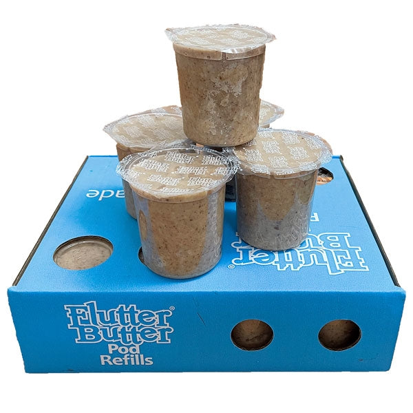 Flutter Butter Refills Mixed; Flutter Butter Pod Refills 80% less plastic; Peanut Butter for Birds; Woodpecker enjoing salt free peanut butter