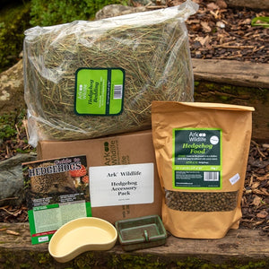 Hedgehog House, Bedding Food and Guide; Dutch Barn Hedgehog House in garden; Starter Pack for any hedgehog house; Hedgehog eating