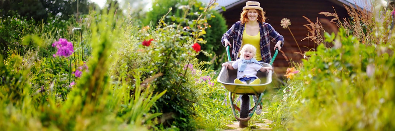 Child being pushed in a wheelbarrow