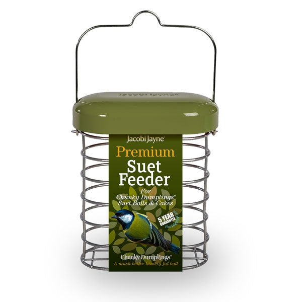 Premium Suet & Fat Ball Feeder Green; Premium Suet & Fat Ball Feeder Orange; Premium Suet & Fat Ball Feeder Orange in use; Premium Suet & Fat Ball Feeder Green in use